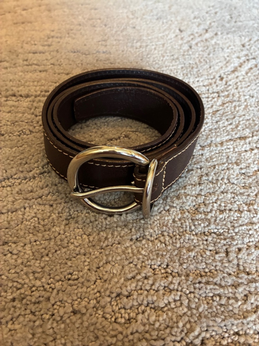 Gap brown leather women’s belt with tan stitching and silver buckle